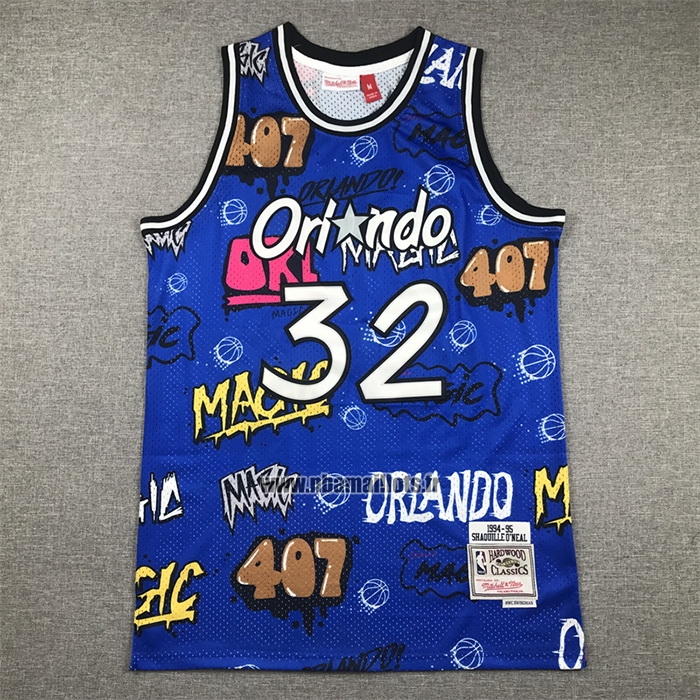 Maillot Orlando Magic Shaquille O'neal NO 32 Slap Sticker Mitchell & Ness 1994-95 Bleu
